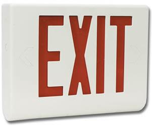 white sign with the word exit in red letters  