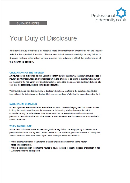 front page of guidance note you duty of disclosure