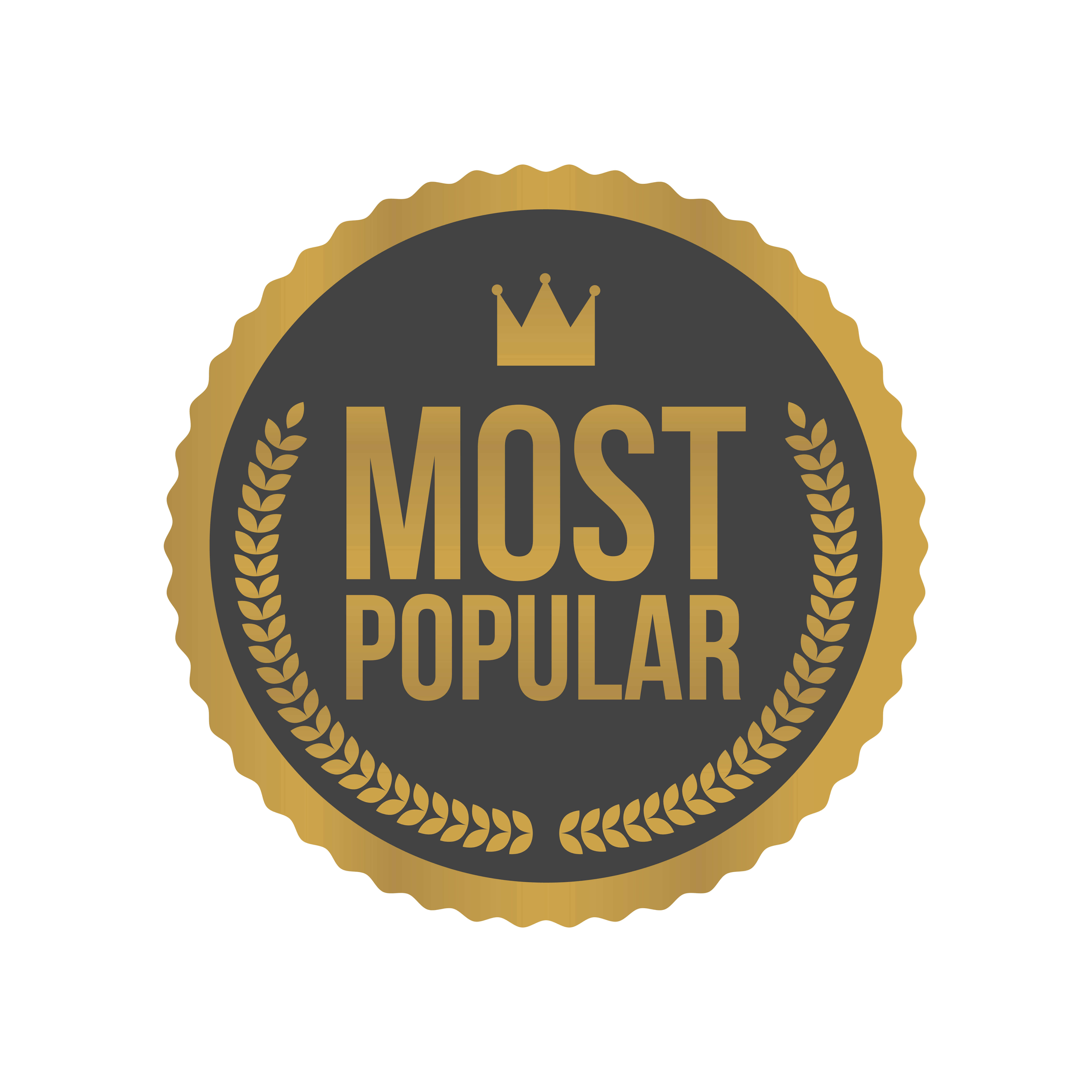 A gold badge showing a crown sitting on top of the words most popular