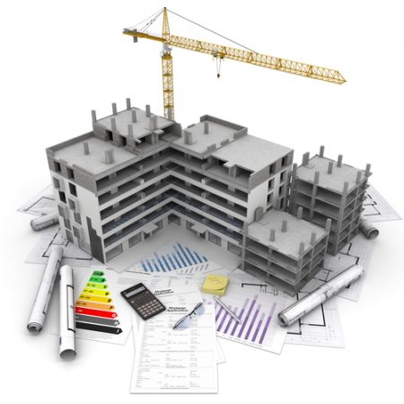 construction site and drawing tools to illustrate architecture